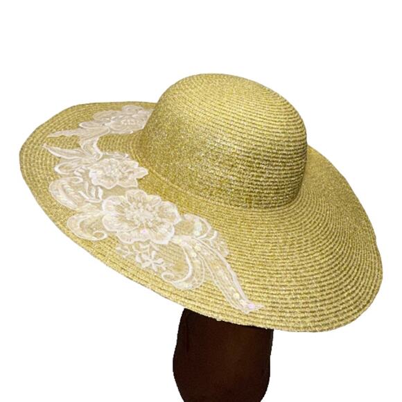 Gold Wide Brim Church Derby Easter Lace Sequin Pearl Dress Hat main image 6